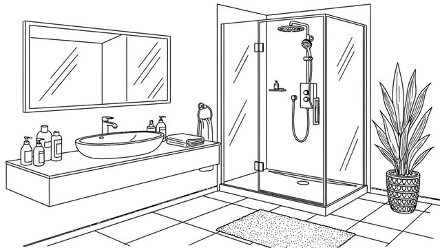 Modern bathroom interior line art illustration featuring glass shower cabin vanity with oval sink large mirror toiletries and potted plant in corner.