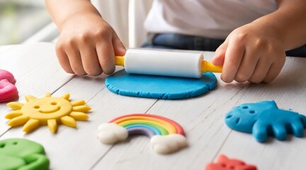 Fototapeta premium Child hands playing with colorful playdough