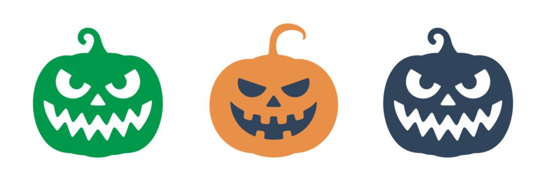 Colorful icons of jack o lanterns for halloween, pumpkin faces glowing spooky carved pumpkins set vector illustration isolated design elements