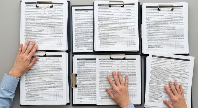 Hand reviewing documents on clipboards in an office setting, representing data analysis and information management