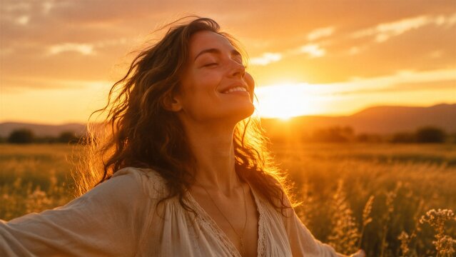 Young woman smiling with eyes closed in sunset field