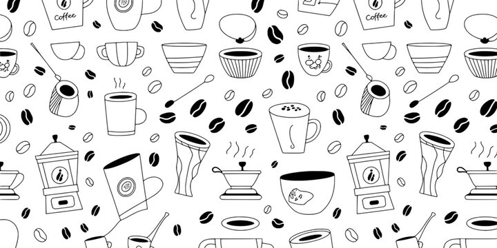Coffee Doodle Illustration with Cups, Beans, and Brewing Tools Featuring Mugs, Steam, Black and White with Sketch and Hand-Drawn Elements for Vector