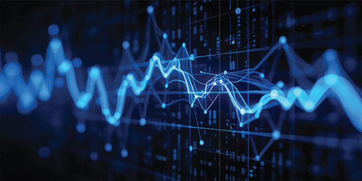 An abstract digital technology and blue medical background featuring a heart pulse wave, data chart graph, and business market finance illustration with an ECG electrocardiogram line