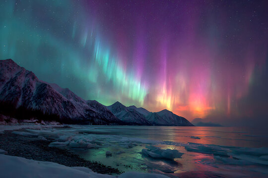 Stunning photo of colorful aurora borealis dancing over snow-covered mountains, a lake, and ice