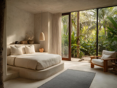 Serene bedroom with minimalist design, featuring a platform bed, natural light from large windows, and an outdoor view