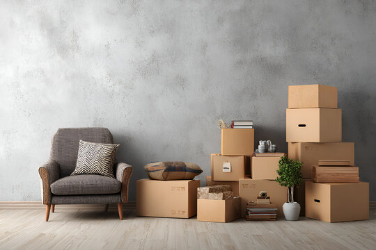 Room scene with packed moving boxes, an armchair, and plants in a light-filled space against a textured gray wall