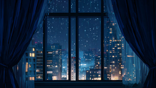 Nighttime cityscape viewed through a window with curtains. Stars shimmer above the buildings. Lights glow