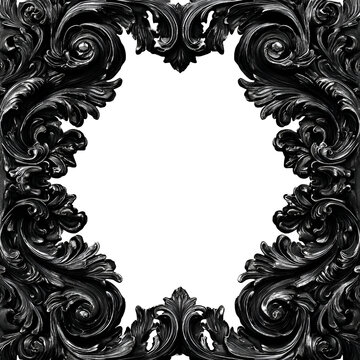 Ornate square border made of glossy, dark gray leaves and flourishes, surrounding a blank white center space