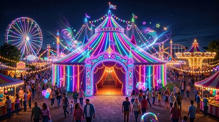 Obraz premium Nighttime rendering of a vibrant circus tent at carnival concept. Vibrant carnival scene with colorful tents, lights, and joyful crowds enjoying festivities.