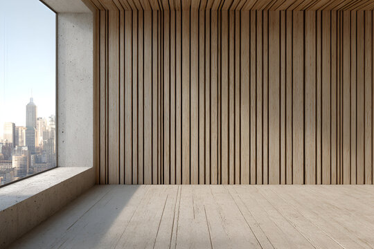 Modern interior with wood paneling and large window framing a city skyline. Sunlight streams across the floor