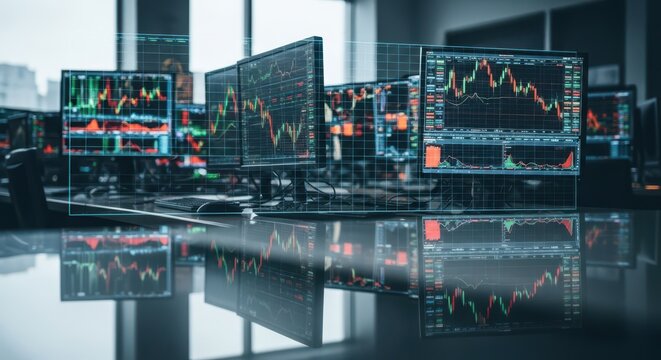 Multiple computer monitors displaying financial trading charts and graphs in a modern trading office setting