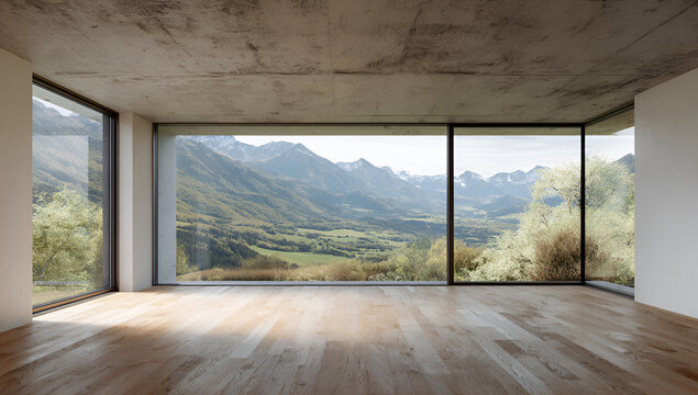 Modern interior, featuring expansive windows framing a stunning mountain vista, with wooden floors and concrete ceiling