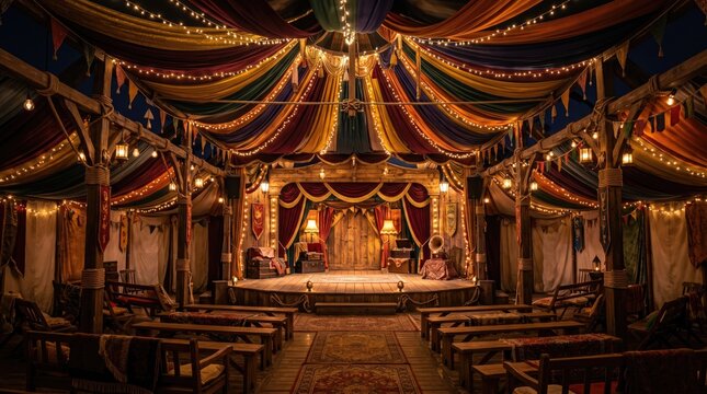 Captivating view inside circus tent with garlands magical concept. Vibrant stage decorated with colorful fabrics and lights for a cultural performance.