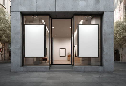 Modern gallery facade with large glass windows framing posters and inviting viewers to explore the exhibits inside
