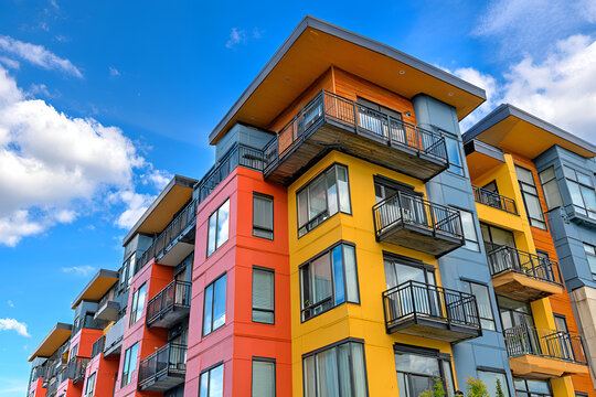 Modern apartment building with colorful exterior and balconies against a blue sky with fluffy white clouds, showcasing residential architecture