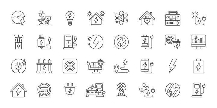 Power and energy icons in line design. power, energy, electricity, electric power, charging, renewable energy, plug on white background vector. Power and energy editable stroke icons