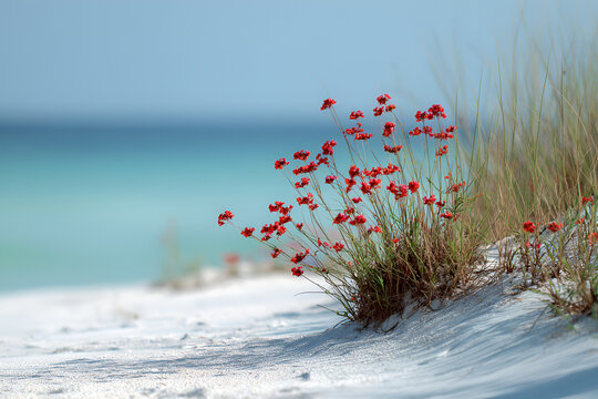 Coastal scene. Delicate red wildflowers and beach grass flourish on white sand, against a backdrop of turquoise ocean and a light blue sky