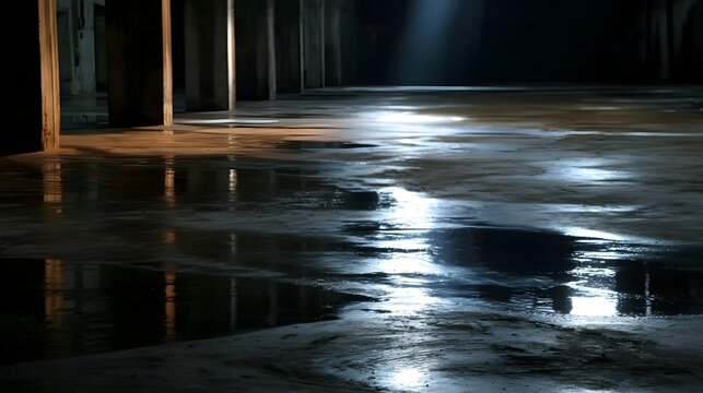 Dramatic lighting illuminates the wet textured industrial concrete floor creating a moody and reflective scene