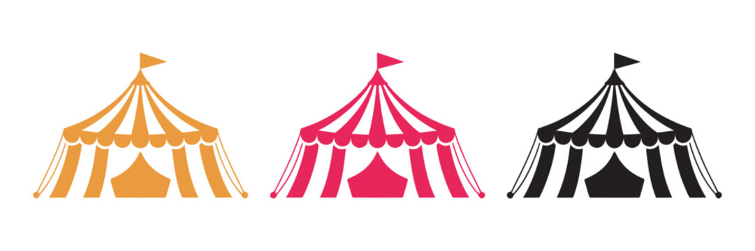 Set of circus tent icons, colorful carnival big top tents vector illustration collection, amusement fair striped marquee design elements isolated