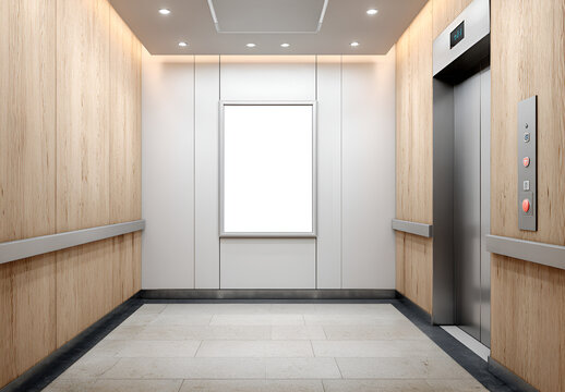 An interior view of an elevator showcasing wood-paneled walls, white center, modern lighting and an open door