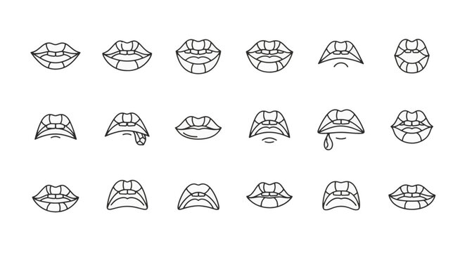 Minimalist black outline icon set featuring eighteen unique human mouth and lip expressions, including smiling, open mouth showing teeth, tongue out, drooling, and surprised shapes on white.