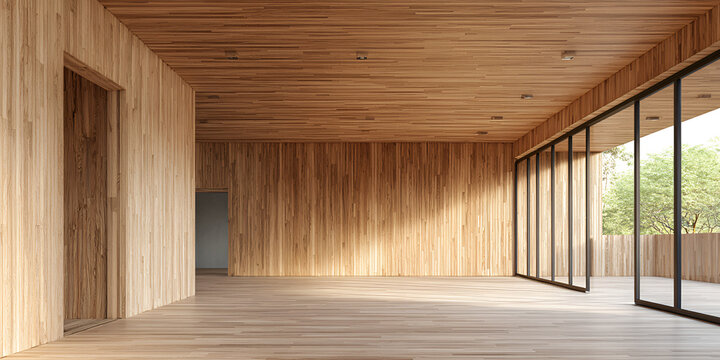 An empty room with light wood walls, ceiling, and flooring. Large glass windows offer a view of green foliage outside