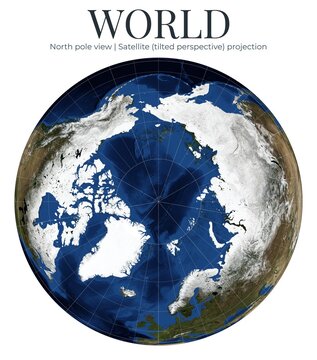 World Map. North pole view. Satellite tilted perspective projection. High detail physical map of Earth. April View. Elements of this image furnished by NASA.