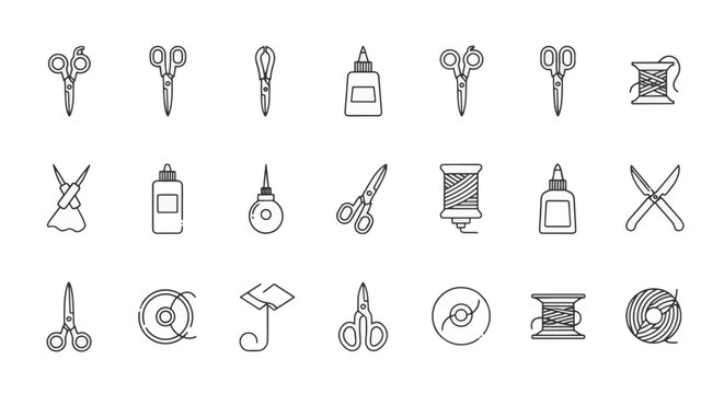 Collection of 21 minimalist outline icons representing tailoring and sewing tools including multiple scissor styles, glue containers, thread spools, and cutting equipment for crafts.