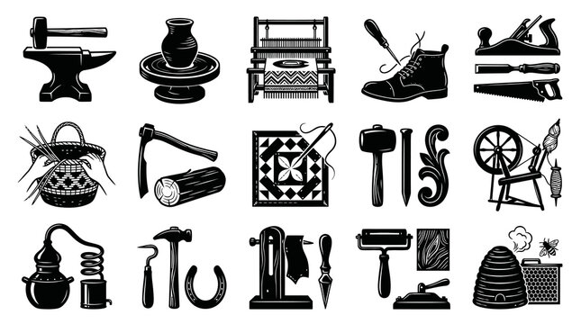 Black and White Vector Icons of Traditional Craftsmanship and Artisanal Tools