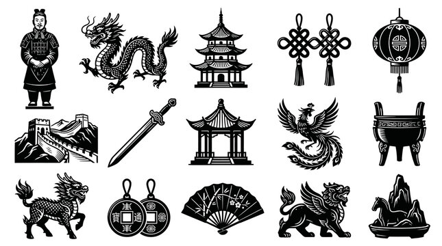 Chinese Culture Black  White Line Art Icons Set. Traditional Asian Symbols, Mythology, and Travel Elements.