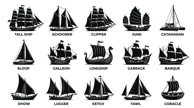 Nautical Sailing Ships and Boats Types Collection in Black Silhouette Vector Art Style
