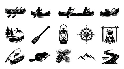 Obraz premium Outdoor Adventure Camping Glyph Icons Set - Black and White Nature and Wilderness Elements Vector