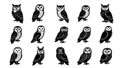 Fototapeta premium Black and White Owl Icons Set, Vector Illustration