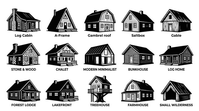 Architecture House Types Black  White Line Art Vector Set: Cabin, Chalet, Lodge  Rural Home Styles Collection