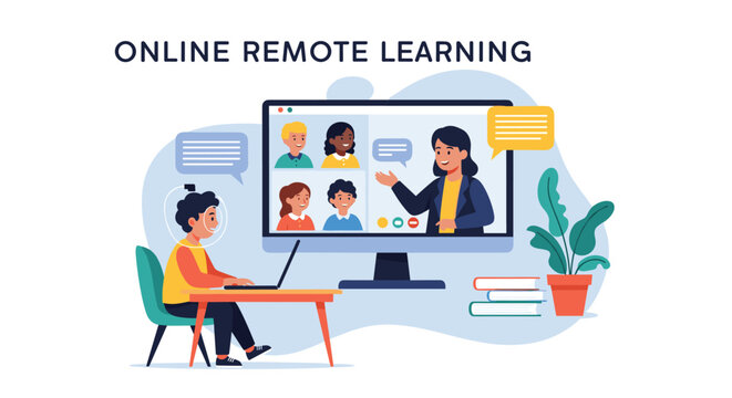 Young student wearing headset during online remote learning session with teacher and classmates on computer screen at home.