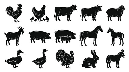 Fototapeta premium Black Silhouette Farm Animals Set - Domestic Livestock Glyphs for Agriculture, Farming, and Rural Industry.