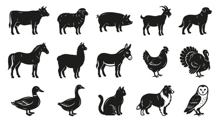 Obraz premium Farm and Domestic Animals Silhouettes Icon Set: Agriculture, Livestock Pet Vector Glyphs