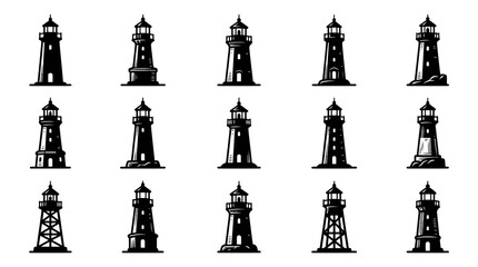 Fototapeta premium Black and White Lighthouse Icons Vector Collection, Nautical Navigation Art Style