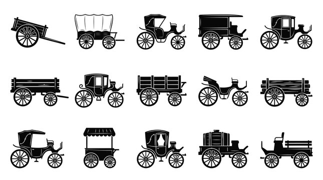 Vintage Horse-drawn Carriages and Wagons Silhouette Icons Set - Antique Transportation Vector Glyphs