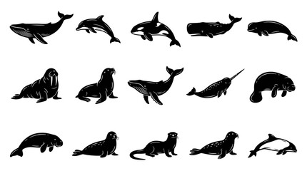 Obraz premium Set of 15 Ocean Sea Animals Vector Icons, Black and White Line Art