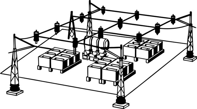 Isometric line of an electrical power substation with transformers