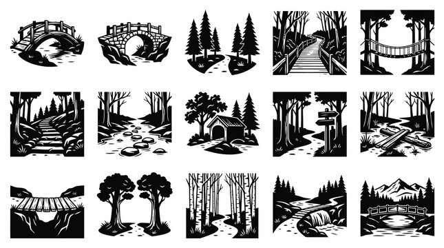 Forest  Nature Trails Vector Illustrations Set: Bridges, Paths, Trees  Landscapes in Black and White Engraving Art