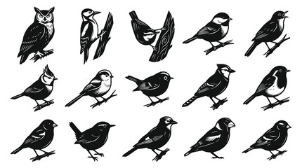 Obraz premium Black and White Vector Art of Various Birds Perched on Branches