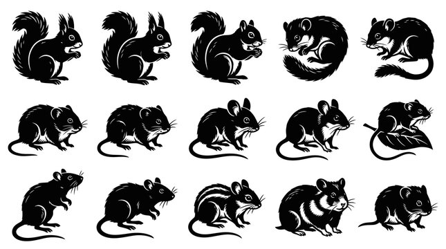 Collection of Black and White Silhouette Vector Rodents: Squirrels, Mice, Rats, Dormice, Hamsters