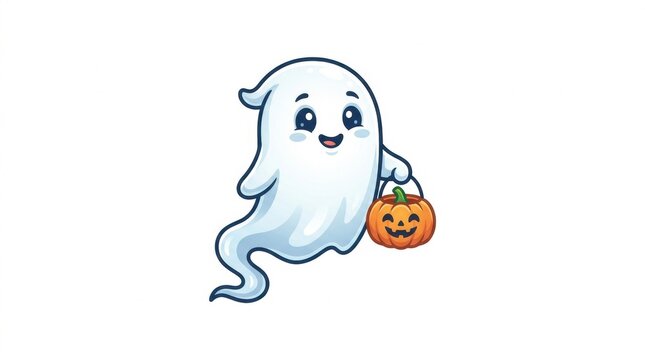 Cute Halloween ghost character holding pumpkin basket, friendly white spirit cartoon illustration, adorable spooky phantom for seasonal celebration isolated PNG with Transparent Background