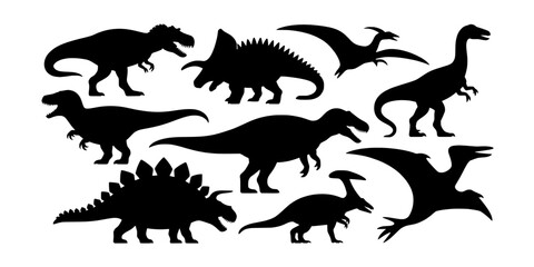 Obraz premium Dinosaurs Silhouette Set with Various Prehistoric Creatures in Black Featuring Vector, Illustration, T-Rex with Triceratops and Pterodactyl Elements