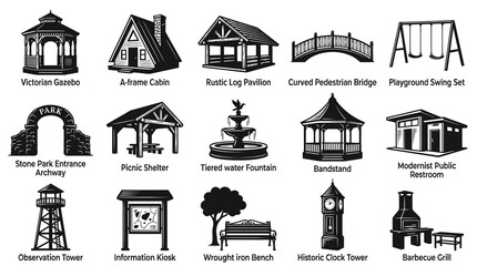 Naklejka premium Black and White Icons of Park Structures and Amenities