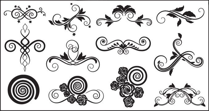 Black silhouette collection of decorative floral elements, elegant scrolls, filigree ornaments, roses, star accents, and spiral patterns isolated on a white background.