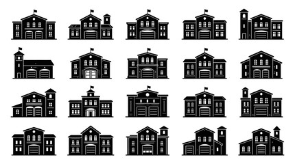 Naklejka premium Black and White Icons Set of Fire Station Buildings