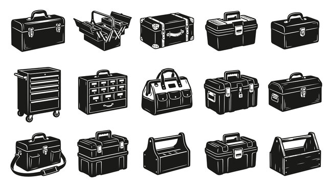 Black and White Line Art of Various Toolbox and Tool Chest Illustrations